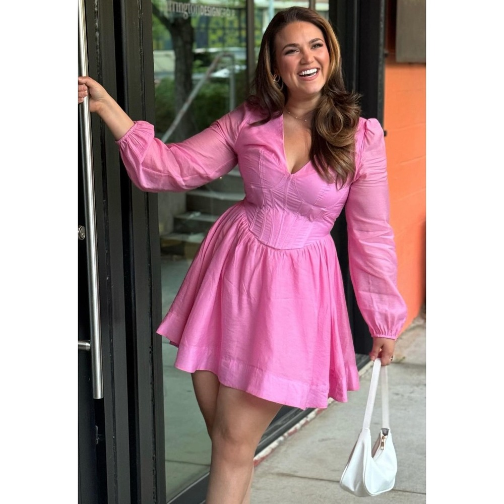 GB Gianni Bini Pink Corseted Long Sleeve V-Neck Fit & Flare Mini Dress Size L
